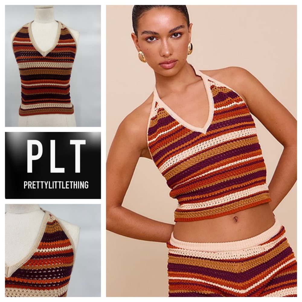 PRETTYLITTLETHING Striped Crochet‎ Halter Neck Crop Top Multi XS